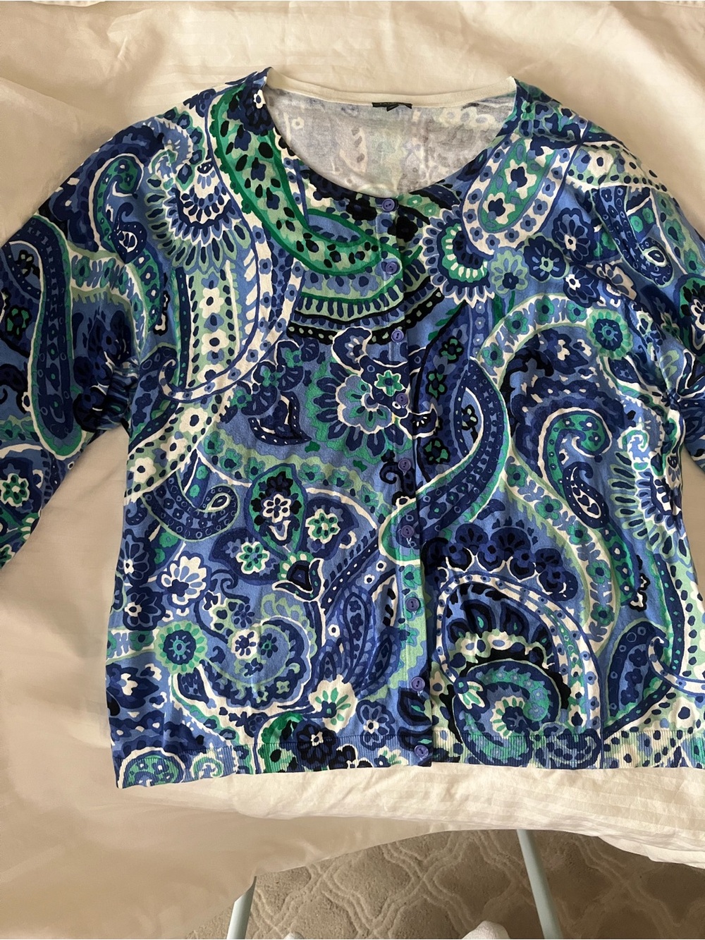 Talbots Blue, Green & White Paisley Cardigan